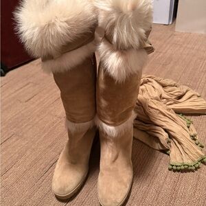 Faux-Fur Trim Tan Suede Boots